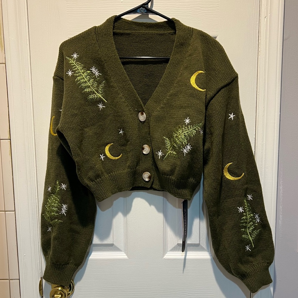 ROMWE Dark Green Cardigan with Moon and Star Embroidery